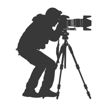 AI generated Silhouette cameraman or videographer in action black color only full body png