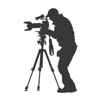 AI generated Silhouette cameraman or videographer in action black color only full body png