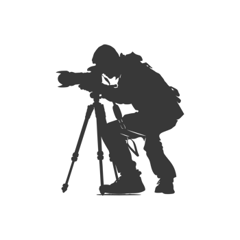 AI generated Silhouette cameraman or videographer in action black color only full body png