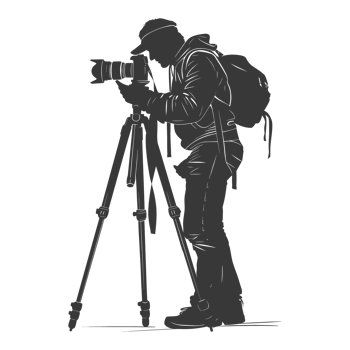 AI generated Silhouette cameraman or videographer in action black color only full body png