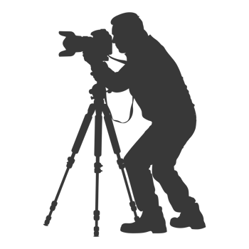 AI generated Silhouette cameraman or videographer in action black color only full body png