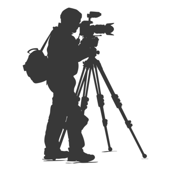 AI generated Silhouette cameraman or videographer in action black color only full body png