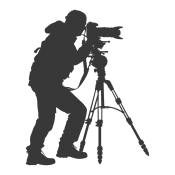 AI generated Silhouette cameraman or videographer in action black color only full body png