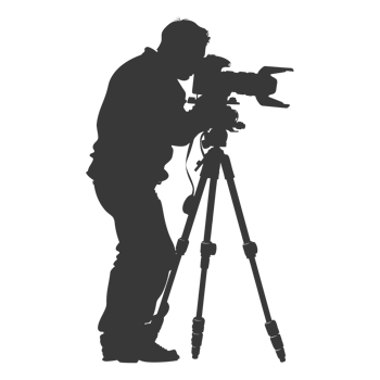 AI generated Silhouette cameraman or videographer in action black color only full body png