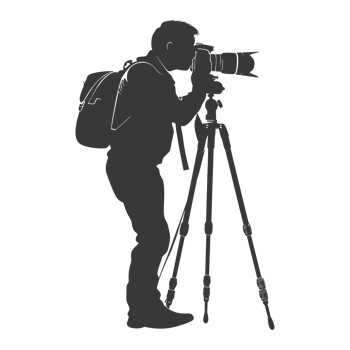 AI generated Silhouette cameraman or videographer in action black color only full body png