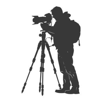 AI generated Silhouette cameraman or videographer in action black color only full body png