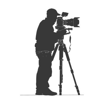 AI generated Silhouette cameraman or videographer in action black color only full body png