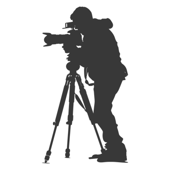 AI generated Silhouette cameraman or videographer in action black color only full body png