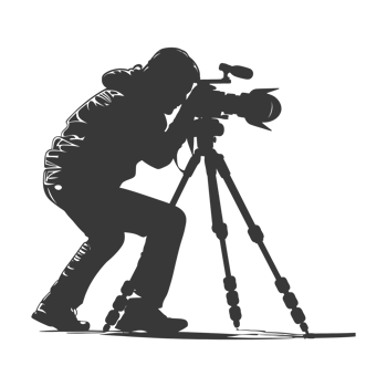 AI generated Silhouette cameraman or videographer in action black color only full body png