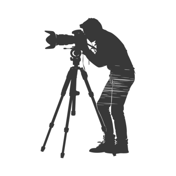 AI generated Silhouette cameraman or videographer in action black color only full body png