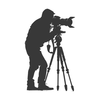 AI generated Silhouette cameraman or videographer in action black color only full body png