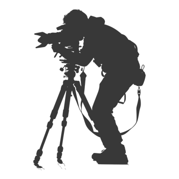 AI generated Silhouette cameraman or videographer in action black color only full body png