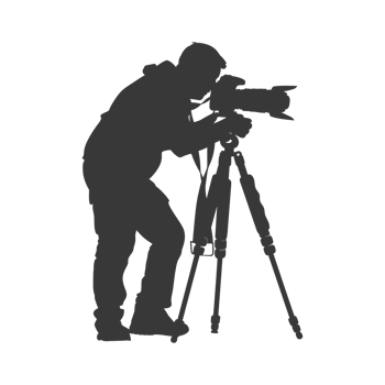 AI generated Silhouette cameraman or videographer in action black color only full body png