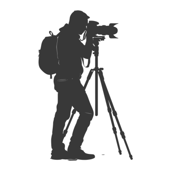 AI generated Silhouette cameraman or videographer in action black color only full body png