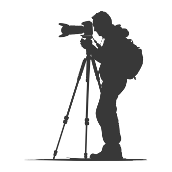 AI generated Silhouette cameraman or videographer in action black color only full body png