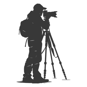 AI generated Silhouette cameraman or videographer in action black color only full body png