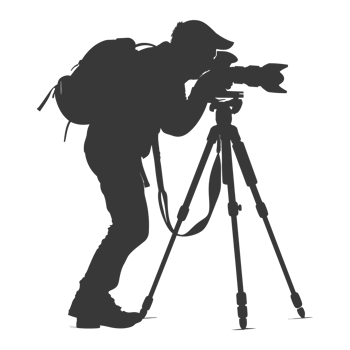 AI generated Silhouette cameraman or videographer in action black color only full body png