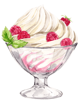 Whipped cream and ripe raspberries in a dessert glass. Watercolor illustration. Refreshing summer dessert, frozen yogurt and berries, mint. Clipart for cafe, restaurant menu. png