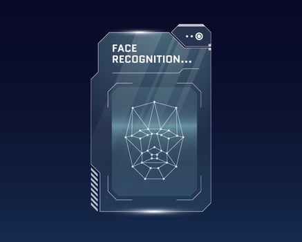 HUD face recognition biometric ID scan panel design. User facial verification scanner. Person identify security digital dashboard. Human identification scan unlock and authorization interface concept vector