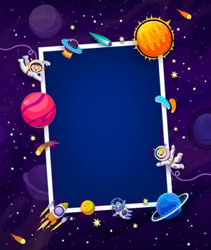 Birthday photo frame, kid astronauts, galaxy space vector