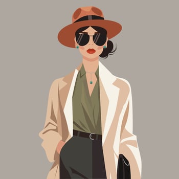 Fashion illustration of a stylish girl in a trench coat, hat and glasses. vector