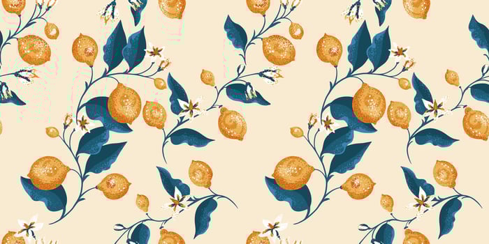 Colorful creative branches with lime, lemons, leaves and tiny buds seamless pattern. Vector hand drawn. Abstract artistic citrus fruits illustration for print. Template for design, textile, fabric