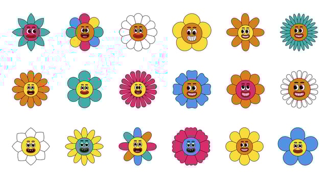Groovy flower cartoon characters. Sticker pack in trendy retro trippy style. Hippie 60s, 70s style. vector