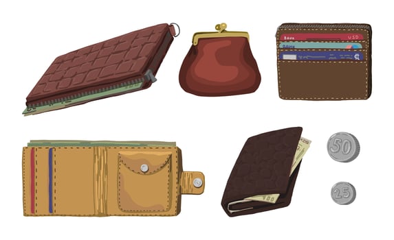 Set of wallets. Flat vector illustrations of purses, pocket holder for money and plastic cards. Cartoon cliparts isolated on white background.