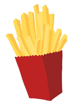 French fries potatoes in box. Hand drawn vector illustration in flat style. Single fast food doodle. Cartoon clipart isolated on white background.