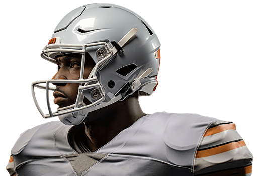 AI generated American football player in a white uniform in profile. He turned his head to the right. Head and shoulders in the frame. Isolated on transparent background png
