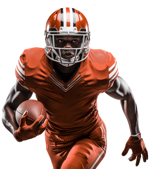 AI generated A black American football player in an orange helmet and uniform runs with a ball in his right hand. Isolated on a transparent background png