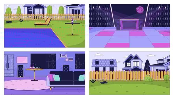 Party celebration locations cartoon flat illustration set. Entertainment 2D line landscapes and interiors colorful backgrounds. Holiday celebration scene vector storytelling image collection