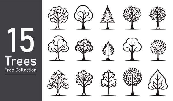 silhouette tree line drawing set, Side view, set of graphics trees elements outline symbol. silhouette tree line drawing set, Side view, icon set of graphics trees elements outline symbol. vector