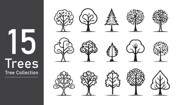 silhouette tree line drawing set, Side view, set of graphics trees elements outline symbol. silhouette tree line drawing set, Side view, icon set of graphics trees elements outline symbol. vector