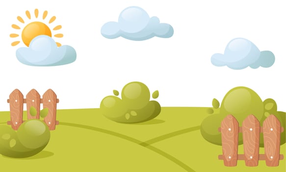 Vector illustration of a beautiful summer landscape. Green field, grass, clouds and clouds, bright sun, bushes and fence. Day, morning. Landscape design for banners, posters, children's books.