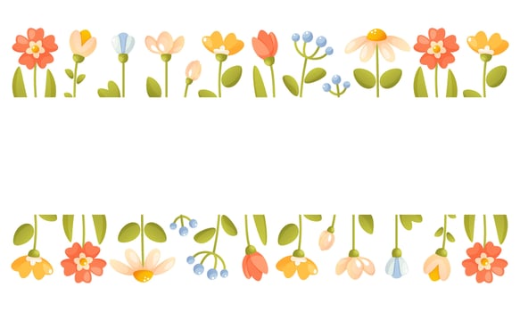 Vector illustration of a floral horizontal frame, border of flowers at the bottom and top. Summer spring flowers and green leaves. Mother's day, love day, wedding, for cards and invitations