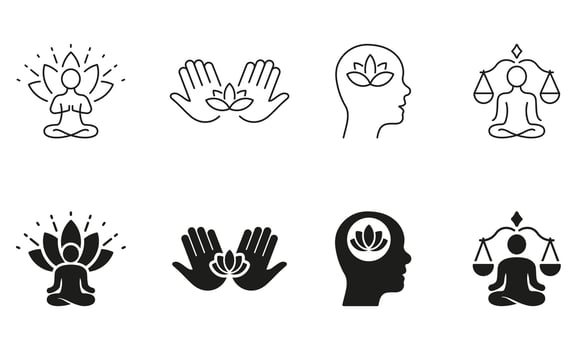 Wellness Silhouette and Line Icons Set. Mental Health And Balance Pictogram. Yoga, Person Meditate In Lotus Black Symbol Collection. Zen Pose And Calm Mind. Isolated Vector Illustration