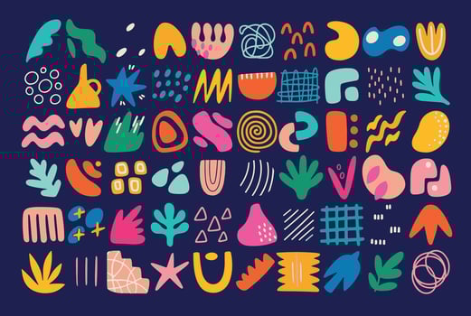 Colorful Hand Drawn Doodle Collection Abstract Shapes on Dark Blue Background vector