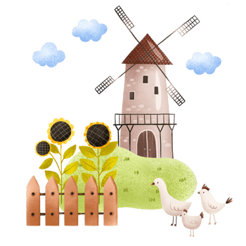 Rural landscape with a windmill, sunflowers and geese with chickens. Village landscape. Cute children's hand-drawn composition for decor, cards and invitations png