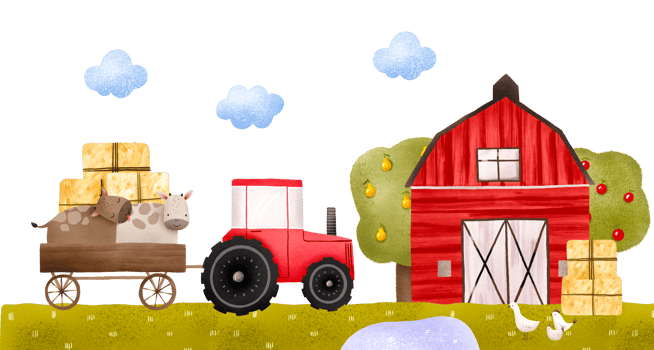 Rural composition with tractor and cows, haystack in wooden trolley. Red farmhouse and fruit trees. Good for nursery and kids design png