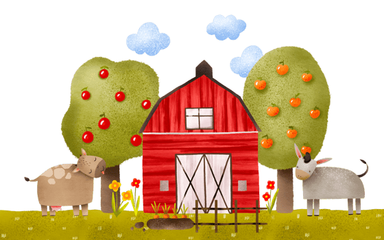 A cow and a donkey stand near a red wooden farm. Barnyard. Illustration on an isolated background. Cute children's hand-drawn composition for decor, cards and invitations. png