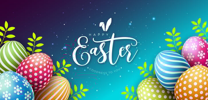 Happy Easter Holiday Design with Painted Egg and Green Leaves on Violet Blue Background. International Religious Vector Celebration Banner Illustration with Typography Lettering for Greeting Card or