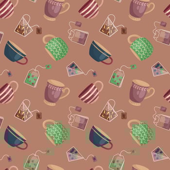 Vector pattern with mugs and tea bags