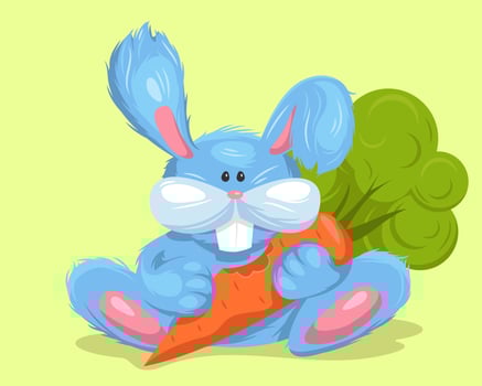Cute Easter bunny with carrot. Festive spring clipart or sticker. Hand drawn vector illustration.