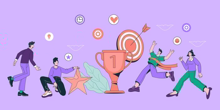 Business goal achievement and success concept banner with business team moving towards the goal. Achievement and teamwork on common tasks. vector