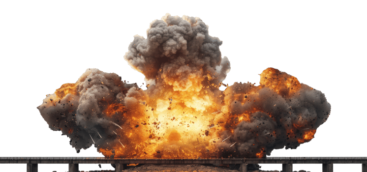 AI generated Dramatic explosion with intense flames on a bridge on transparent background - stock png. png