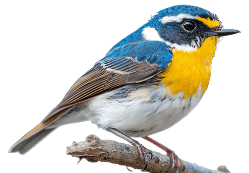 AI generated Colorful bluebird with yellow and blue markings perched on branch on transparent background - stock png. png