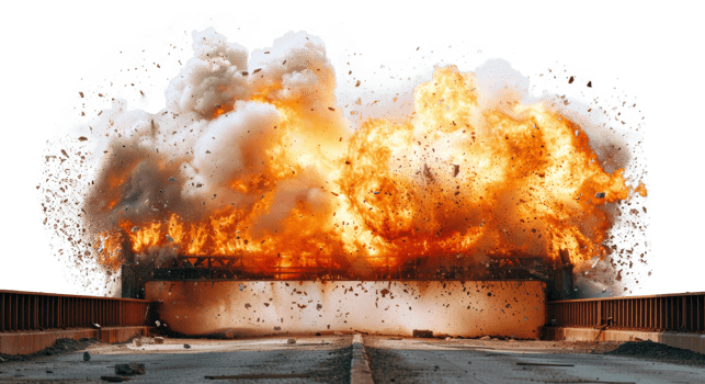AI generated Intense bridge explosion with billowing smoke and fire on transparent background - stock png. png