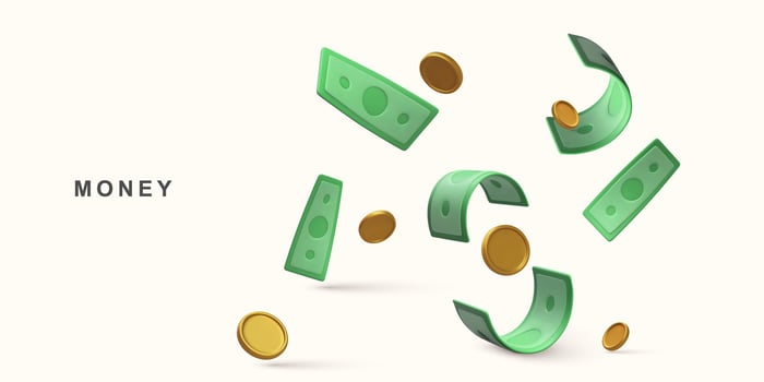 3d Realistic cash and flyaning coins. money saving. Vector illustration.