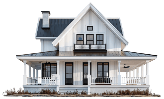 AI generated Elegant white Victorian house with gray accents and spacious front porch on transparent background - stock png. png